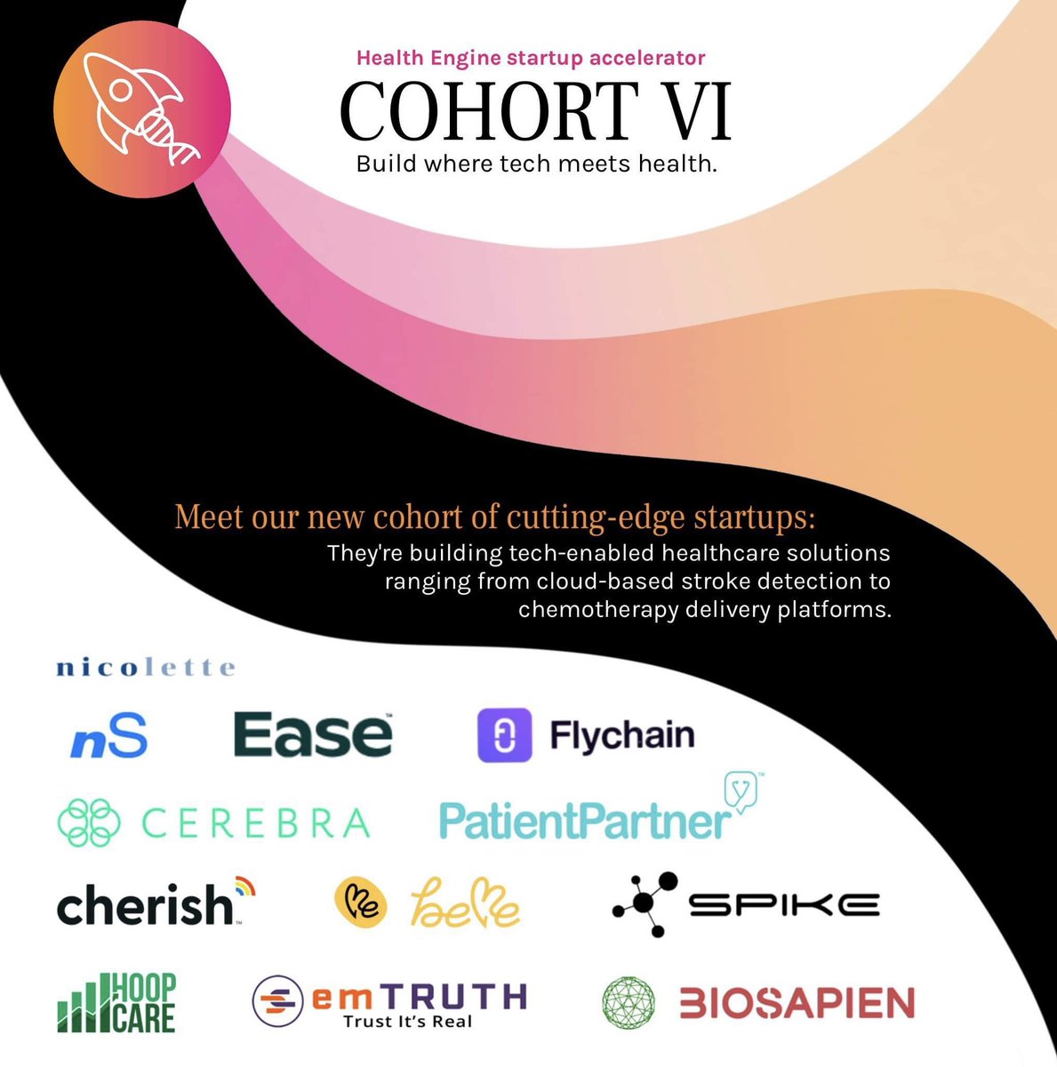 Health Engine’s Cohort VI is officially here, and it is our biggest cohort yet! It is our pleasure to introduce this cohort’s startups that are in the business of revolutionizing healthcare. Read more here: docs.google.com/document/d/1bQ…