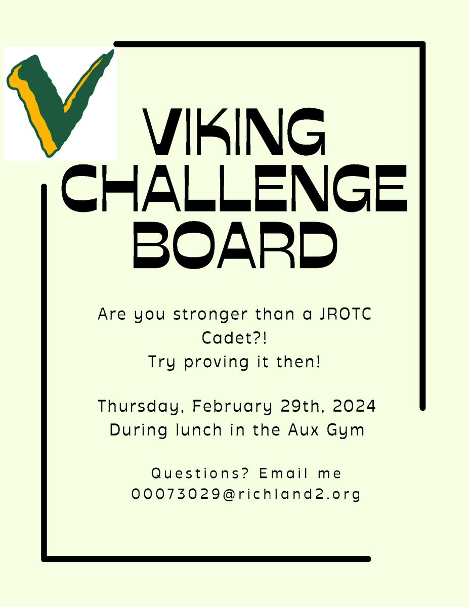 Join the Viking Challenge Board on Feb 29th for an intense face-off with a JROTC Cadet! Test your skills and embrace the competitive spirit! #ShowdownTime #JROTCShowdown #HighSchoolCompetition #PushYourLimits #StrengthChallenge #BattleItOut #ProveYourSkills #VikingPride