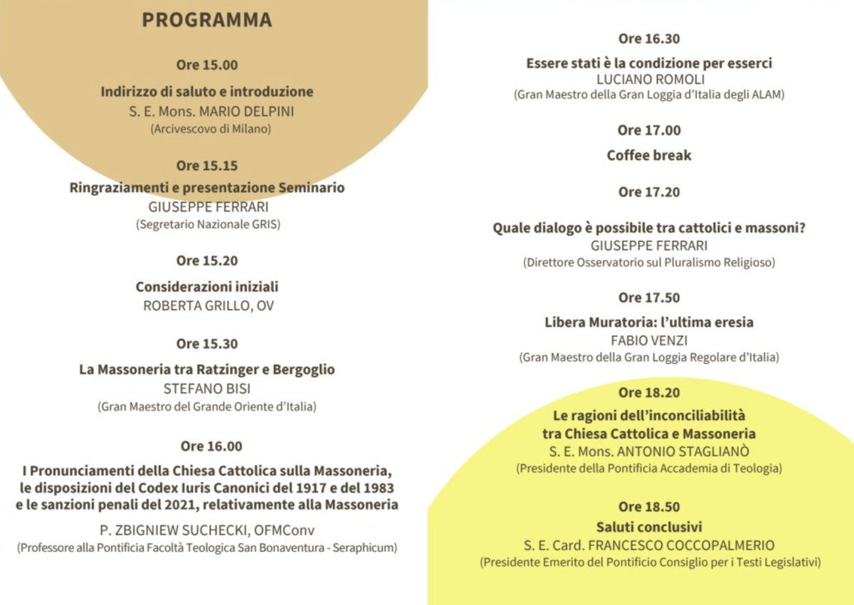 GranLogiaEspana's tweet photo. Por primera vez, aparece la propuesta de una mesa de diálogo permanente entre la iglesia y la masonería para un debate útil. Una idea surgida en una conferencia histórica donde participaron el Gran Maestro del @GrandeOrienteit y el Mario Delpini, Arzobispo de Milán. #GLE https://t.co/xggFsLw4cG