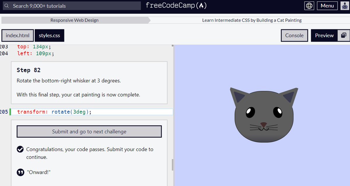 _Mango_Avocado_'s tweet photo. Day 18.

Hi!
Cat is done.
Next is lesson about media queries and pseudo selectors. 

#CSS
#freecodecamp
#100DaysOfCode https://t.co/sIgOg8gjSe