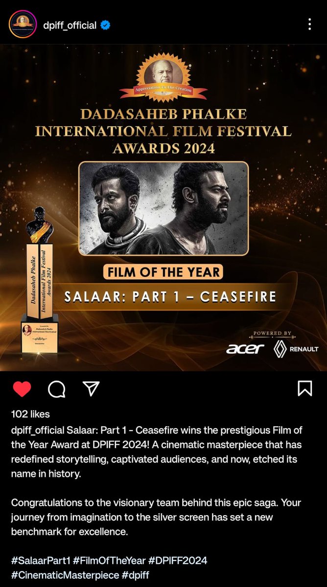 #DPIFF2024: Film of the Year Award goes to #Prabhas's #SalaarCeaseFire 🥵💥

Rebels It's Time to Celebrate 💥💥