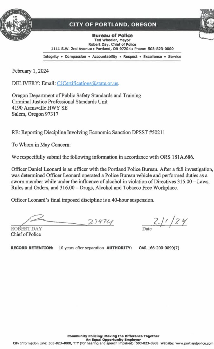 PPB Officer Dan Leonard worked a shift and drove a police vehicle under the influence of alcohol. His punishment? A week off.