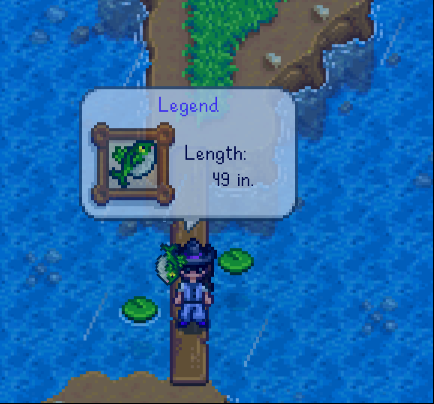 DueyDews's tweet photo. @ConcernedApe i just caught the legend fish for my very first time and my game glitched... it disappeared and i didnt actually get it :( 

but i did get a rlly funny screenshot https://t.co/ONCppbF85m