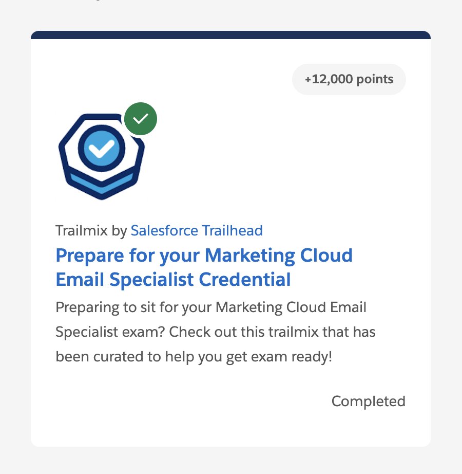 Officially finished the Marketing Cloud Email Specialist Trailmix 🥳

Scheduling my exam to get certified. Need to review quite a bit tho 😵‍💫

#Salesforce #salesforcedeveloper #sfmc #htmlemail #emaildev #Trailblazers