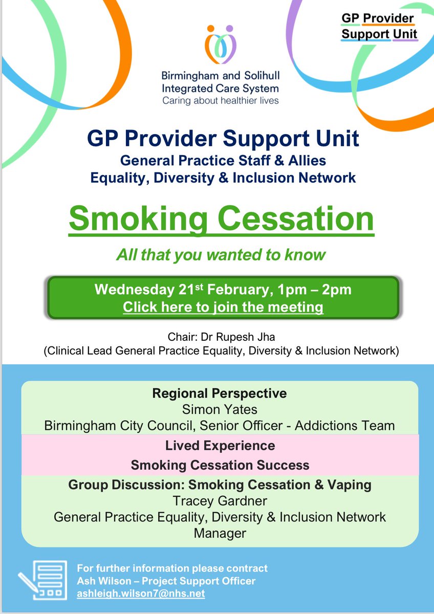 gbr01.safelinks.protection.outlook.com/ap/t-59584e83/… Smoking cessation remains a challenge in primary care.Join our EDI meeting ( link 👆) to learn from our local team @RavyGabrria @onyiokonkwogp @DrJV75 @OurHealthPship @TennantRuth