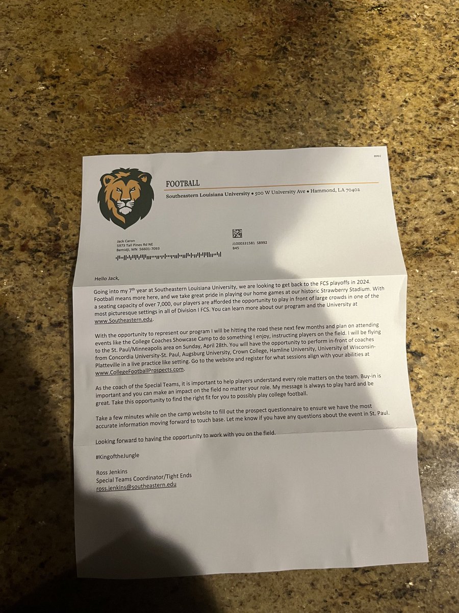 Jack Caron (@jackcaron47) on Twitter photo Thanks to <a href="/LionUpFootball/">Southeastern Football</a> and <a href="/RossJynx/">Ross Jenkins</a> for the letter and camp invite #longsnapper Thanks to <a href="/LionUpFootball/">Southeastern Football</a> and <a href="/RossJynx/">Ross Jenkins</a> for the letter and camp invite #longsnapper
