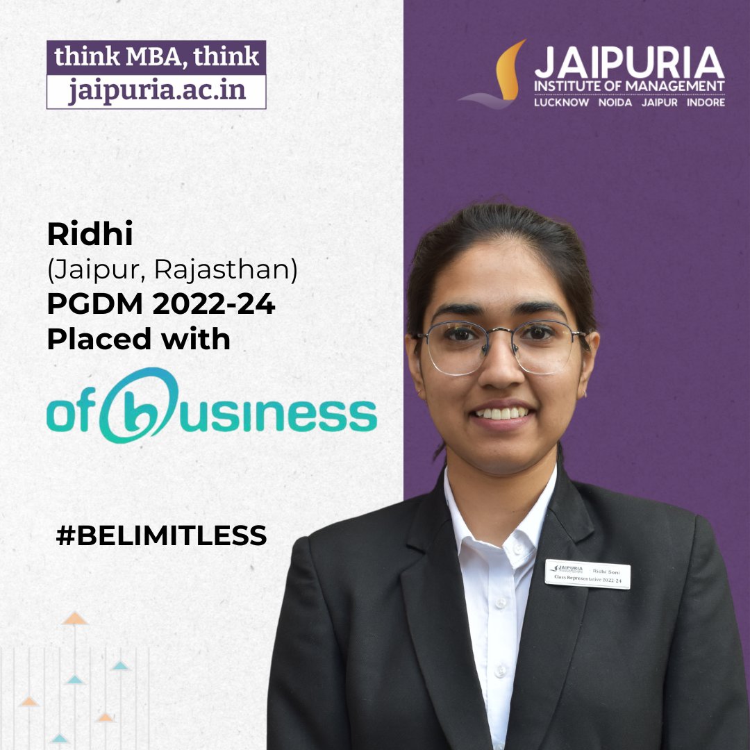 🌟 Campus Placement Alert! Big congrats to our Jaipuria PGDM standout, Ridhi Soni, from Jaipur, Rajasthan, securing a spot at OfBusiness! 🚀 Your journey begins here—apply for PGDM 2024-26 at apply.jaipuria.ac.in. #JaipuriaPlacements #PGDM2024 #ApplyNow