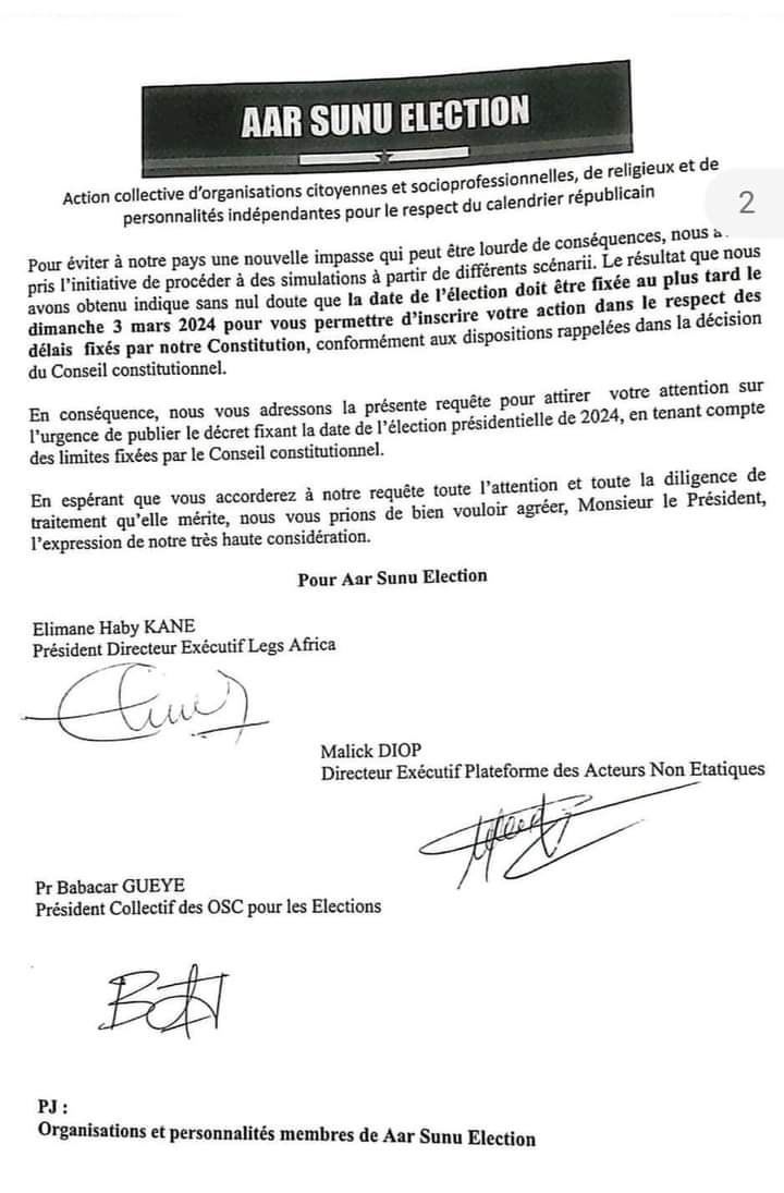 GomezEdyJr1's tweet photo. "AAR SUNU ÉLECTION" écrit au Président pour exiger la fixation de la date de l'élection avant le 02 Avril 2024.
#ElectionParForce 💪🏿🇸🇳
#FreeSenegal https://t.co/mLfEnM2diy