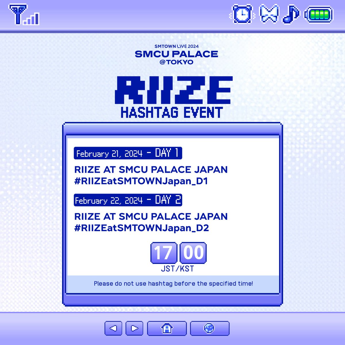 [BRIIZE TAG🧡] RIIZE Hahstag Event for SMTOWN LIVE in JAPAN

🗓 Feb 21, 2024 
🔑RIIZE AT SMCU PALACE JAPAN
#️⃣ RIIZEatSMTOWNJapan_D1

🗓 Feb 22, 2024
🔑RIIZE AT SMCU PALACE JAPAN
#️⃣ RIIZEatSMTOWNJapan_D2

⏰17.00 JST/KST
⚠️ Please do not use the hashtag before the specified time