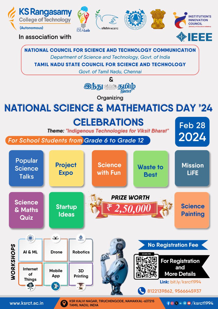 tnscst's tweet photo. As a part of A week-long Science Carnival Tamilnadu State Council for Science and Technology in association with K.S.Rangasamy College of Technology celebrates National Science and Maths Day
#NCSTC #NSD2024
@IndiaDST

@sharmarashmi123

@karandi65

@DrJitendraSingh

@PMOIndia https://t.co/o68P9h47CV