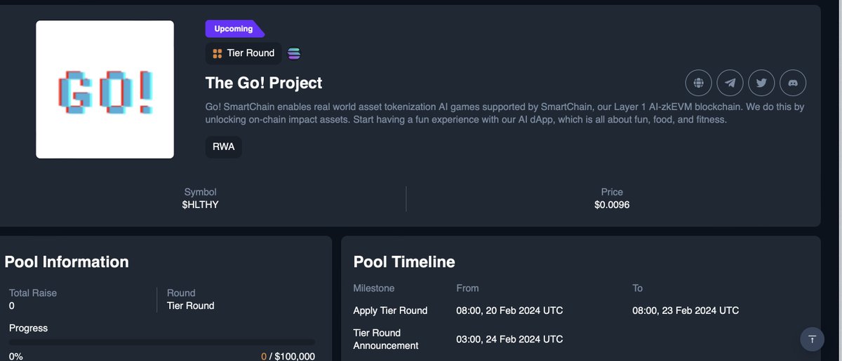 Random 5 Slot Whitelist IDO dự án The Go! Project 
IDO lần này có sự góp mặt của MM Animoca Brand và Polygon.
Cách tham gia whitelist như sau : 
 1. Folow
@GoHealthHero và @MrSato96
2. Like, RT, Tag 3 người bạn + CMT ví bep20
3. join channel :  
⏳ Kết thúc sau 24h sẽ