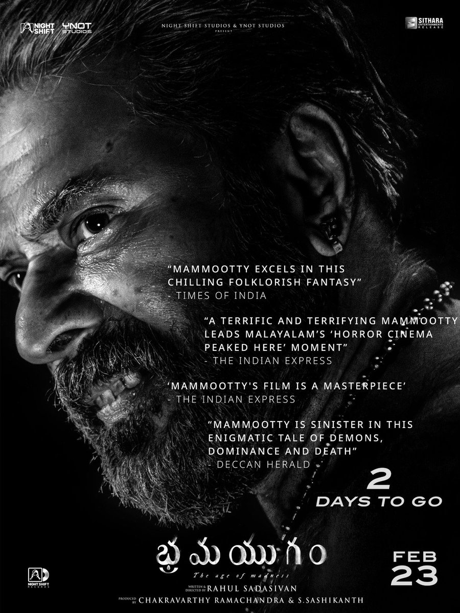 vamsikaka's tweet photo. 2 Days to go... for @mammukka's BLOCKBUSTER #BRAMAYUGAM Grand Release in AP &amp; TS on 23rd FEB! https://t.co/MrGSW5Gjlg