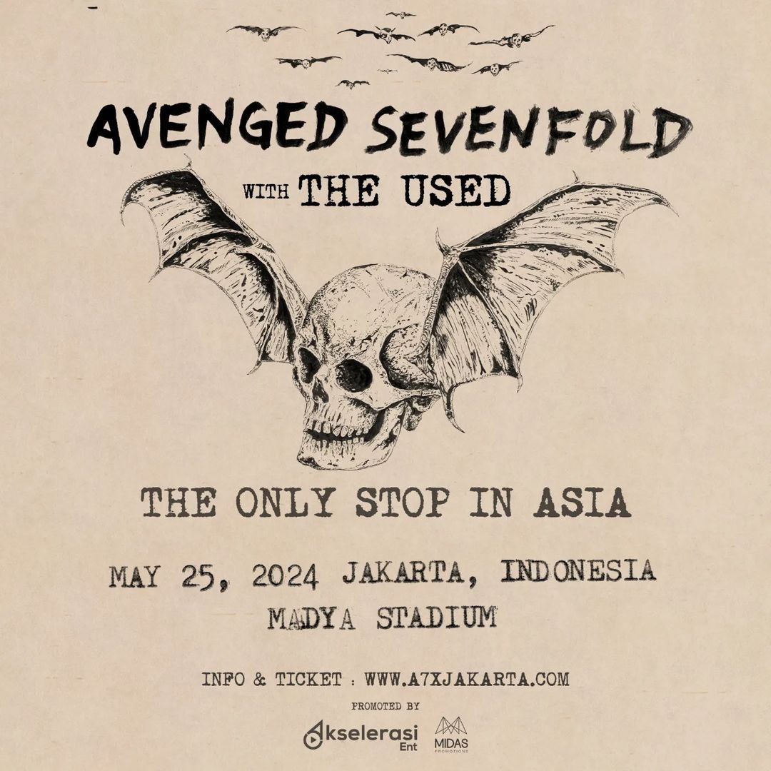 XtremeMerch's tweet image. Offically Announced!
Avenged Sevenfold Live in Jakarta!

with special guest: The Used! 
THE ONLY STOP IN ASIA!

May 25, 2024 Jakarta, Indonesia Madya Stadium
Ticket sales will start on Thursday, 29 February 2024 - 2 PM
(GMT+7 | Jakarta Local Time).

Get your tickets only at…