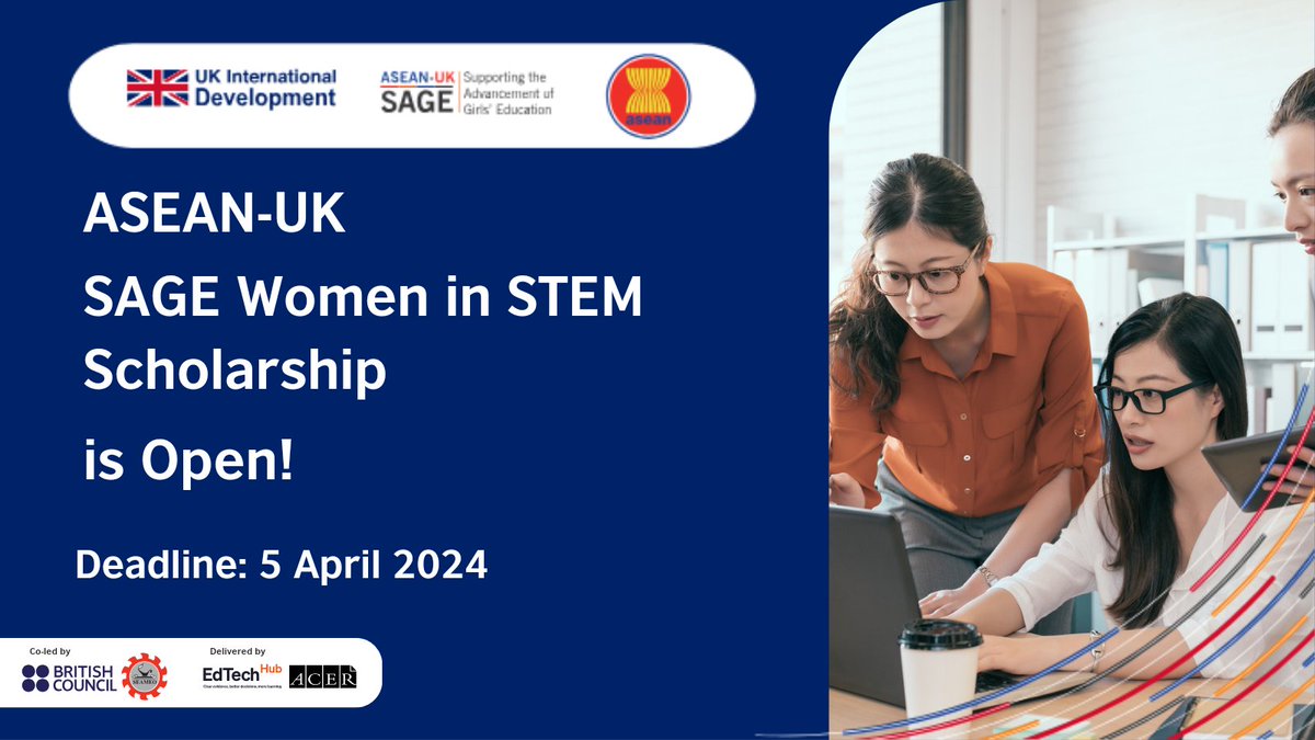 SarahTiffinUK's tweet photo. @ASEAN women, we encourage you to seize this great opportunity to apply for a #STEMscholarship.

Apply now https://t.co/rTM7m4TKGM

Read more: https://t.co/4rhJ58LAYa

#UKASEAN #SAGEscholarships #WomenInScience https://t.co/IBpfFd7L0p