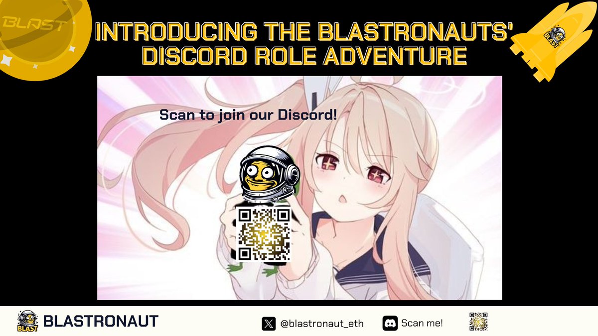 blastronaut_eth's tweet photo. ✨Introducing the Blastronauts' Discord Role Adventure✨

🌌 @Blastronaut_eth Community is an OG community dedicated to the growth of the @Blast_L2 ecosystem. We align with @Blastdapps and @blast_degen to bring the community the latest updates related to the Blast ecosystem and dapps, provide insightful insights, and help our community engage safely with Blast-based projects.

Get ready for an immersive experience, where each role adds a dynamic layer to our shared adventure! 🌠👨‍🚀

Here's your guide to the @Blastronaut_eth Discord Role System:

🌟 Key Aspects of the System🌟

Our Discord operates with 2️⃣ synergistic role systems, like dual stars in a binary system:
1️⃣Roles Based on Accumulated Points in Blastronauts' Discord 🌟
2️⃣Roles Based on Staked Amount on Blast 🌠

Your contributions to the Blast network or our Discord could grant you access to one or both of these roles.

A threads 👇🚀✨