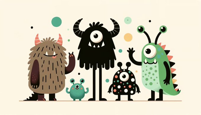Monster Illustration in flat design style of a diverse family of monsters. The group includes a furry brown monster, a sleek black monster with antennas, a spotted green monster, and a tiny polka-dotted monster, all interacting in a playful environment.