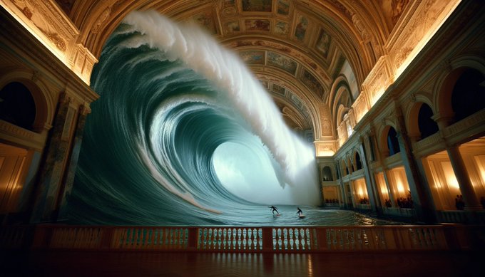 In an ornate, historical hall, a massive tidal wave peaks and begins to crash. Two surfers, seizing the moment, skillfully navigate the face of the wave.
