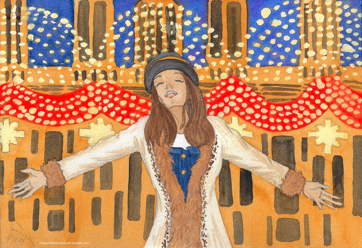 meganmaherart's tweet photo. Posting extremely late, but this was the Christmas card I made for one of my best friends from high school! 😊🎄He’s Greek and told me that his favorite Greek Christmas song is Hristougenna by Despina Vandi, so I drew that for his card this year based on the music video for it!😊 https://t.co/chH98Ym2ni