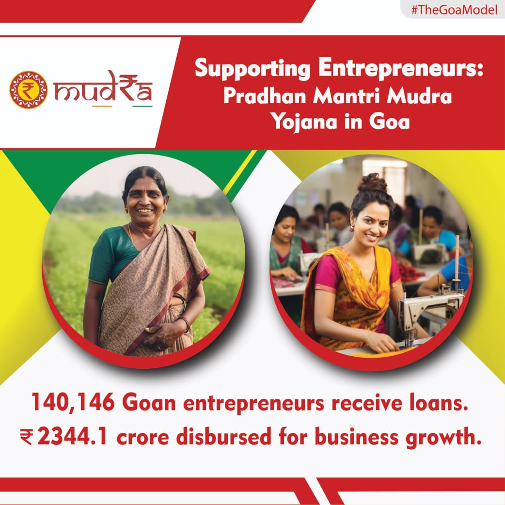 Pradhan Mantri Mudra Yojana fuels growth with affordable credit, bringing small businesses into the financial fold. Over 1,40,146 Goan entrepreneurs received loans totaling ₹2344.1 Cr, propelling economic empowerment. #MudraYojana #GoaEntrepreneurs
#BusinessEmpowerment #Startup
