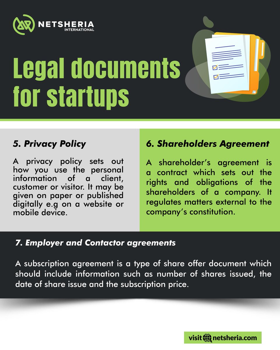 This is a non-exhaustive list of some key legal documents that start-ups should consider when setting up their businesses.

#NetsheriaInternational #legaldocuments #startup #business