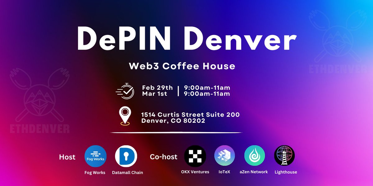 📣Thrilled to host DePIN Denver Web3 Coffee House together with <a href="/datamallcoin/">DMC Foundation</a> <a href="/OKX_Ventures/">OKX Ventures</a> <a href="/iotex_io/">IoTeX</a> @azen_network <a href="/LighthouseWeb3/">Lighthouse</a>. 

🙌We're absolutely blown away by everyone's overwhelming support for our event! The excitement has surpassed our expectations, propelling us to