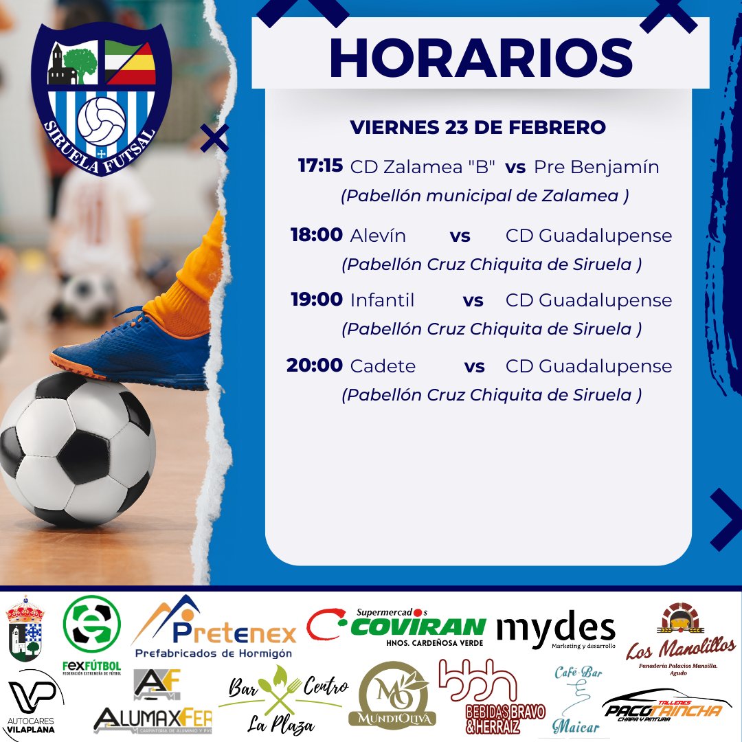 Buenos días,

Volvemos a la carga con una nueva jornada, tomad nota de los horarios.

#futsal #futsala #futsalplayer #futsalteam #siruelaquierefutsal