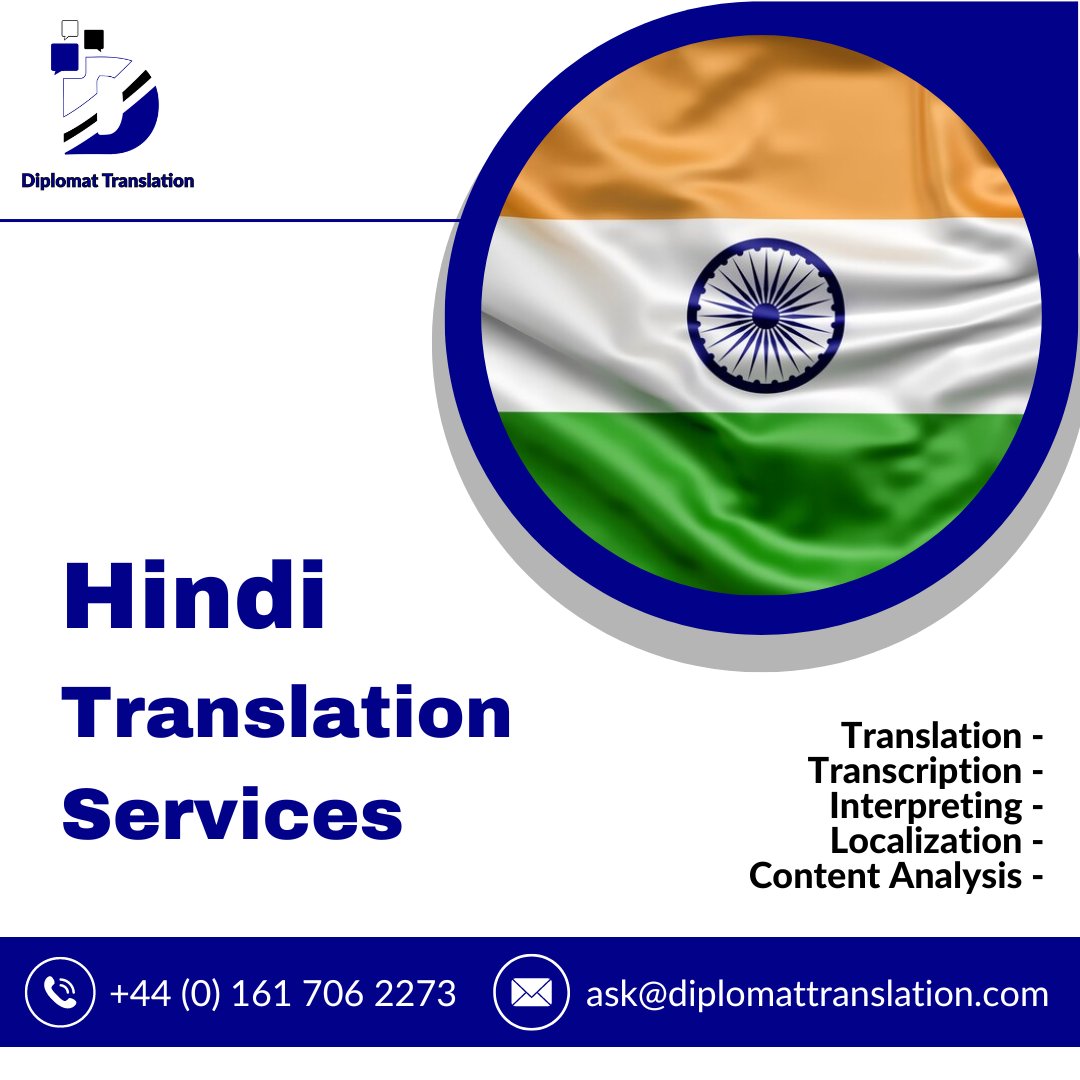 Hindi Translation Services

From Hindi to English translation, transcription, interpreting, and beyond!

Visit: diplomattranslation.com/languages/hind…

#Hindi #TranslationServices #languages #t9n #l10n #LanguageServices #xl8 #i18n #g11n #medxl8 #techxl8  #MT #translators #LSPs