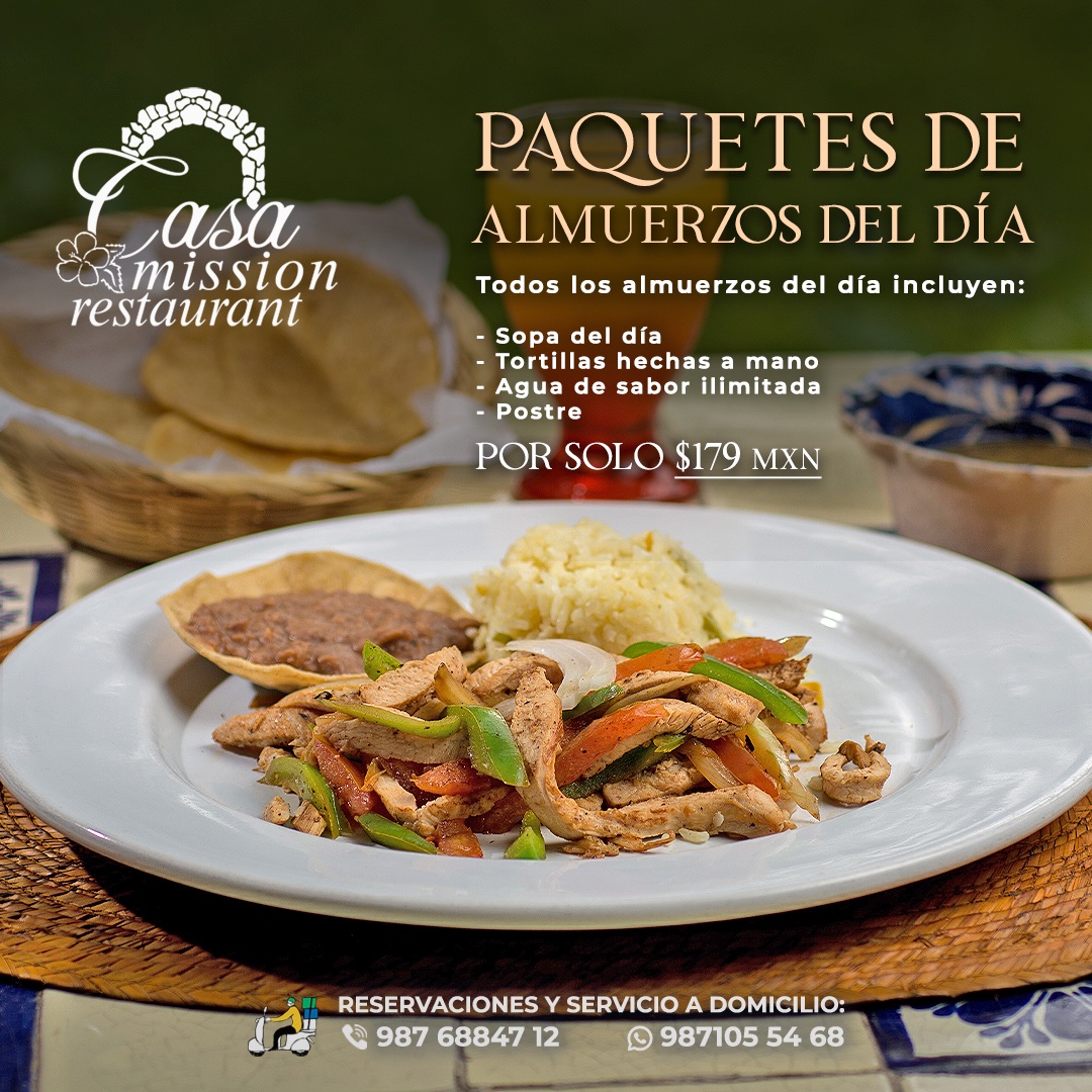 CasaMission's tweet photo. Ven a disfrutar de nuestros paquetes de almuerzos, incluyen sopa del día, tortillas hechas a mano, agua de sabor ilimitada y postre por solo $179 pesos 
 𝗦𝗲𝗿𝘃𝗶𝗰𝗶𝗼 987 105 5468
 https://t.co/xkEhNYSBWk
#Cozumel #CasaMissionRestaurant https://t.co/ftlObQGgCk