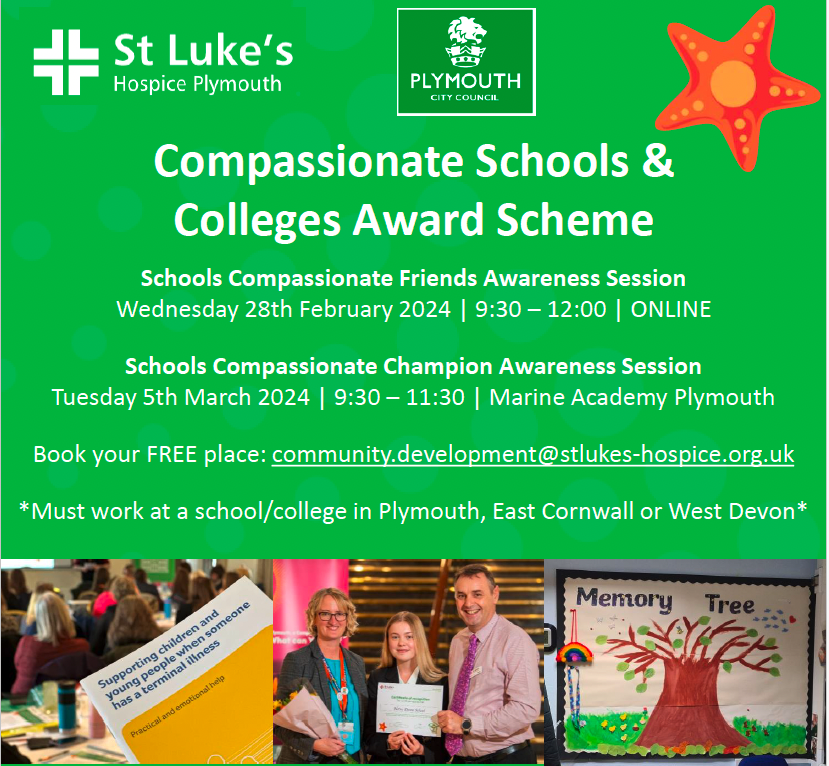 For those working in schools in West Devon and East Cornwall, St Luke's Hospice and Plymouth City Council are running free Compassionate Schools training, email: community.development@stlukes-hospice.org.uk to book a place... #traumainformedschools #plymouthschools #mentalhealth