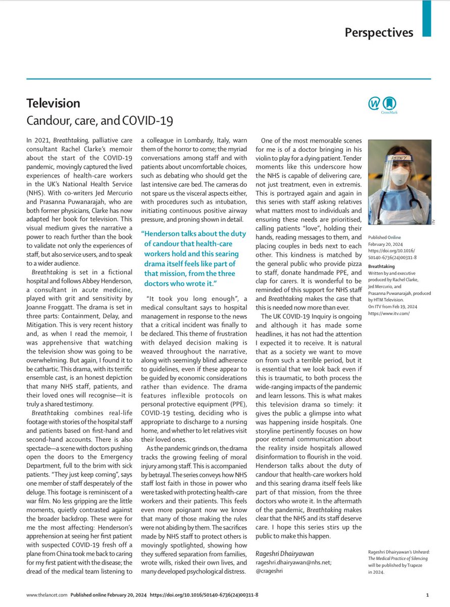 ‘Candour, care, and COVID-19’ Thank you to @TheLancet for asking me to review #BREATHTAKING thelancet.com/journals/lance… @doctor_oxford @jed_mercurio @JoFroggatt @ITV
