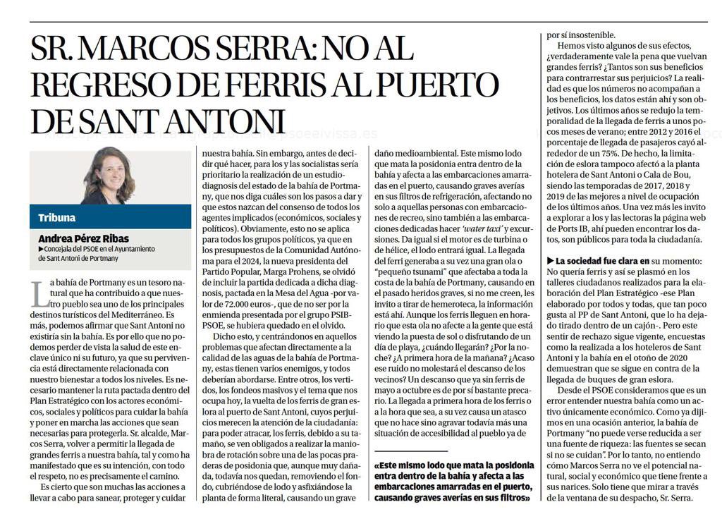 PsoeSAntoni's tweet photo. Bon dia! ☕️ 

📰 Article d’opinió de la companya Andrea Pérez Ribas en @Diario_de_ibiza.

“Sr. Marcos Serra: No al retorn de ferris al port de Sant Antoni”

#BadiadePortmany 💚 https://t.co/we5fYE5Nrg