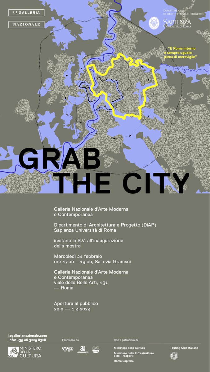 Da oggi al 1° aprile si può visitare la mostra #GRABtheCITY alla <a href="/LAGNroma/">Galleria Nazionale d'Arte Moderna e Contemporanea</a>, la Galleria Nazionale di Arte Moderna e Contemporanea.
L’esposizione utilizza il GRAB quale dispositivo sostenibile di percezione, fruizione e trasformazione di una Roma meravigliosa, inattesa o nascosta.