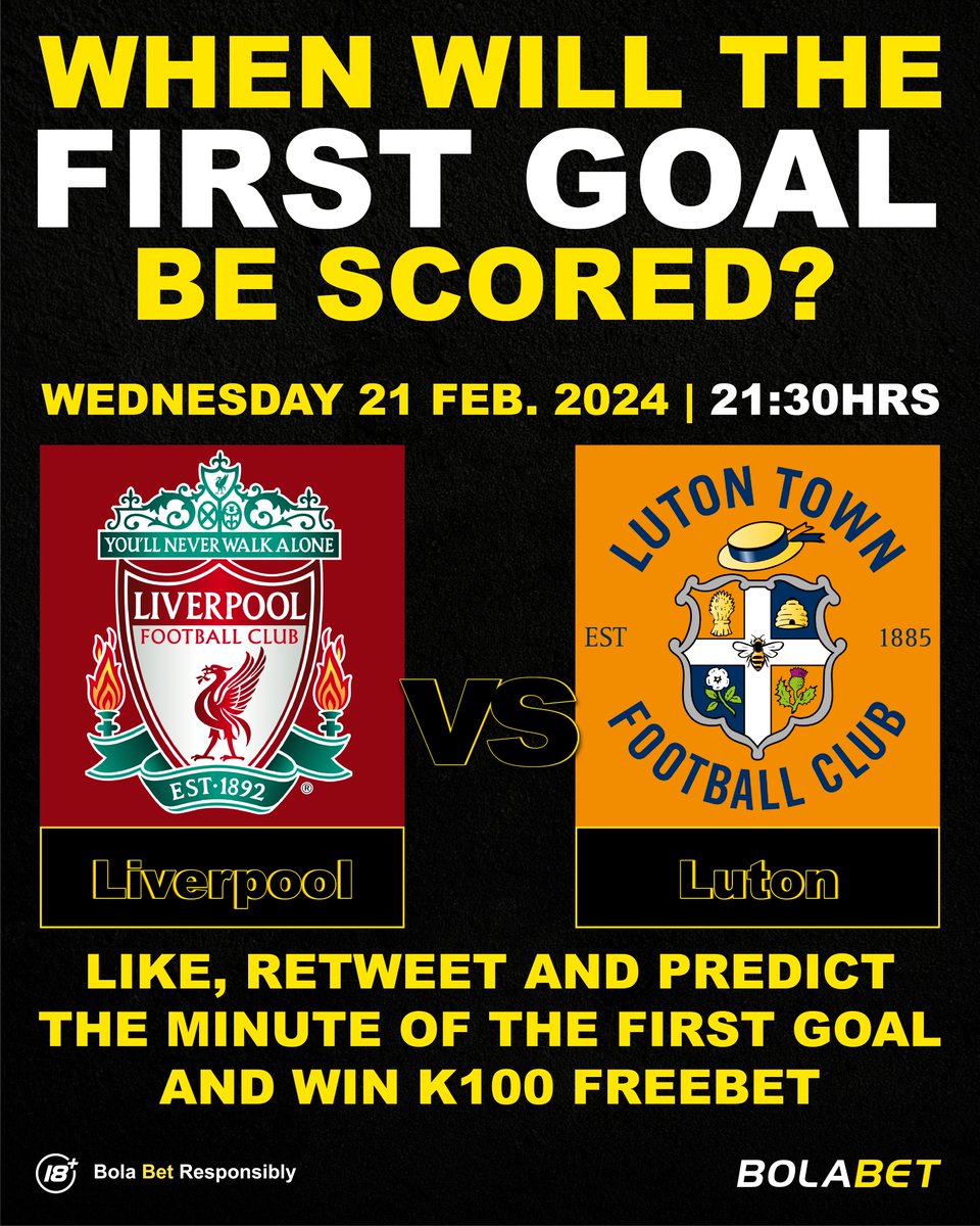 Bolabet_Zambia's tweet photo. LIKE, RETWEET &amp; REPLY WITH YOUR PREDICTED MINUTE OF THE FIRST GOAL AND WIN K100!
All replies should be published until 21:30h 21.02.2024.
You must be over the age of 18 to participate
👉🏿 https://t.co/m1LIDTk03H 👈
TERMS &amp; CONDITIONS
👉🏿 https://t.co/Ze22CFHl8R 👈 https://t.co/dMgs7RdFl0