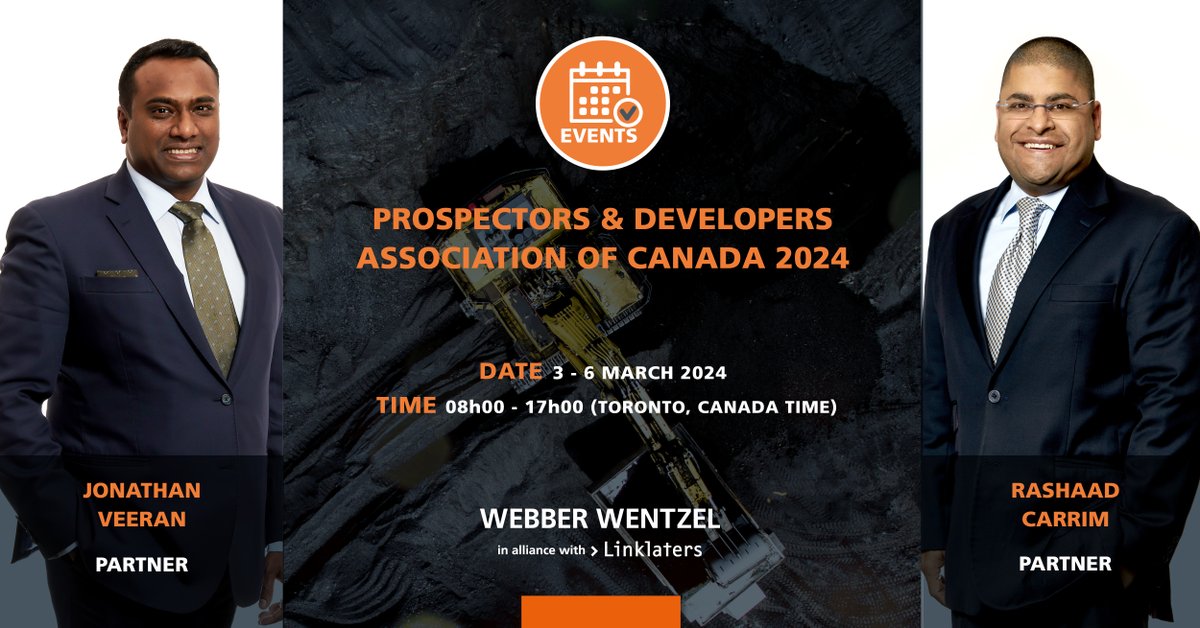 Jonathan Veeran and Rashaad Carrim are headed to #PDAC2024. The World’s Premier Mineral Exploration &amp; Mining Convention is the leading event for people, companies and organisations connected to mineral exploration.

For more information: bit.ly/49J3RZJ

#MiningLaw