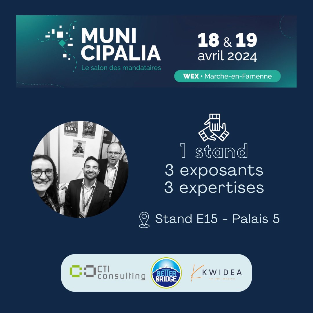 Rdv au #salondesmandataires2024 (#municipalia) avec 
👉 <a href="/CTI_Consulting/">CTI Consulting</a> (<a href="/CCanavese/">Christophe Canavese</a> et son équipe)
👉 Better Bridge (<a href="/_Vincent_Thomas/">Vincent Thomas</a> ) 
👉 <a href="/Kwidea_be/">Kwidea</a> (<a href="/kvoglaire/">Kristen Voglaire</a> ) 
Les 18 &amp; 19 avril au Wex !