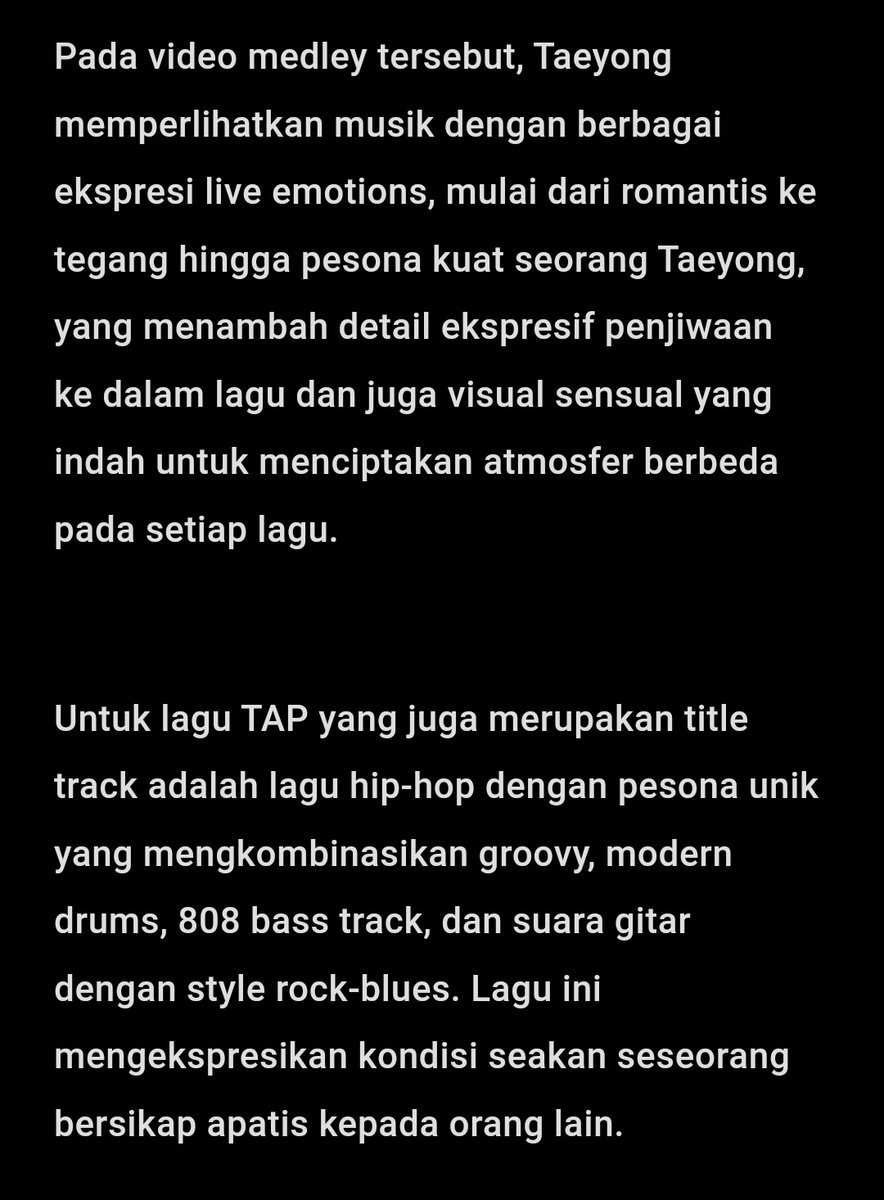 tyongtoday's tweet photo. [240221] #TYONGARTICLE

Taeyong 'TAP' Highlight Medley adalah sensibilitas musik menembus genre tanpa batas

🔗https://t.co/Tab5z4wHg4

Like, rekomendasi, dan share artikelnya 🫶

#TYONGTODAY
#TAEYONG #태용 #テヨン https://t.co/eZaKcu5LGD