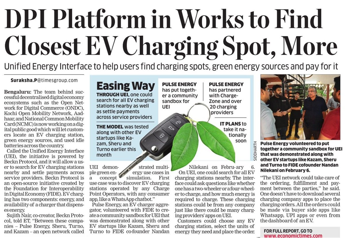 The team behind successful decentralised digital economy ecosystems such as the ONDC, Kochi Open Mobility Network, Aadhaar, & National Common Mobility Card is now working on a digital public good to locate EV charging stations, green energy sources, & used idle batteries (1/n)