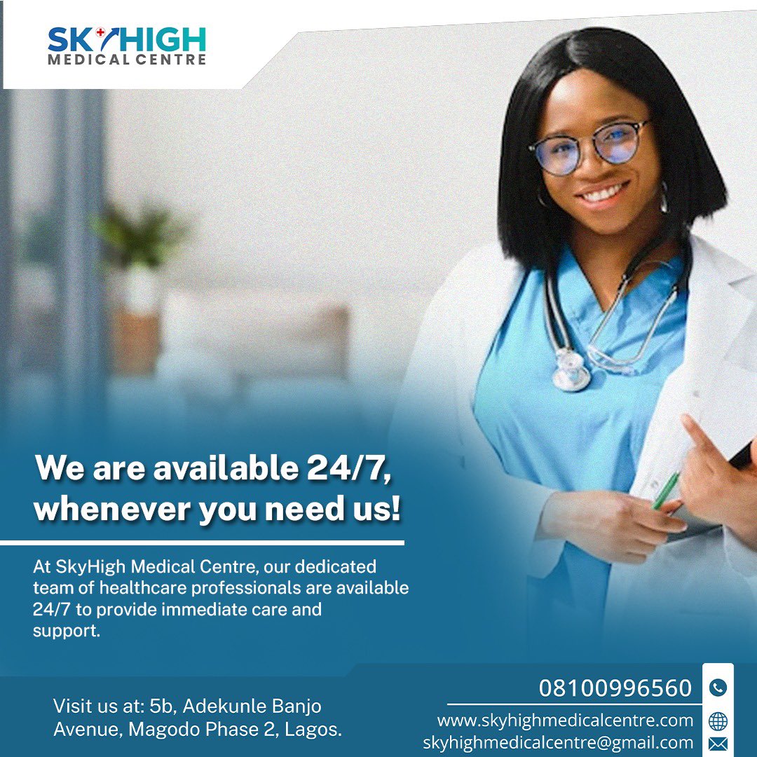 Your health doesn't clock out, and neither do we. Skyhigh Medical Centre - here for you 24/7 because your well-being is our priority. 

#Skyhigh #SkyHighMedicalCentre #LagosHospital #MagodoHospital #Hospitalinlagos #Oguduhospital #LagosDoctor
 #AlwaysHereForYou