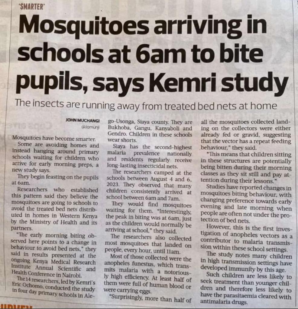 Elirri's tweet photo. "Researchers who established this pattern said they believe the #mosquitoes are going to #schools to avoid the treated #bednets distributed in #homes in Western Kenya by the Ministry of Health and its partners...." https://t.co/inoP8Mwn2R
