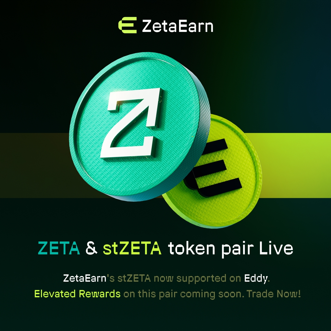 Zearn_Protocol's tweet photo. 🎉 Dive into the world of liquid staking with stZETA, the fluid version of the ZETA token, now available on @eddy_protocol !
Swap #stZETA and #ZETA seamlessly with Eddy Finance. 💫 Deposit stZETA at @ZetaEarn and get high APR returns! 🎣
Get ready for an upsurge in rewards for this token pair, coming your way. 📈