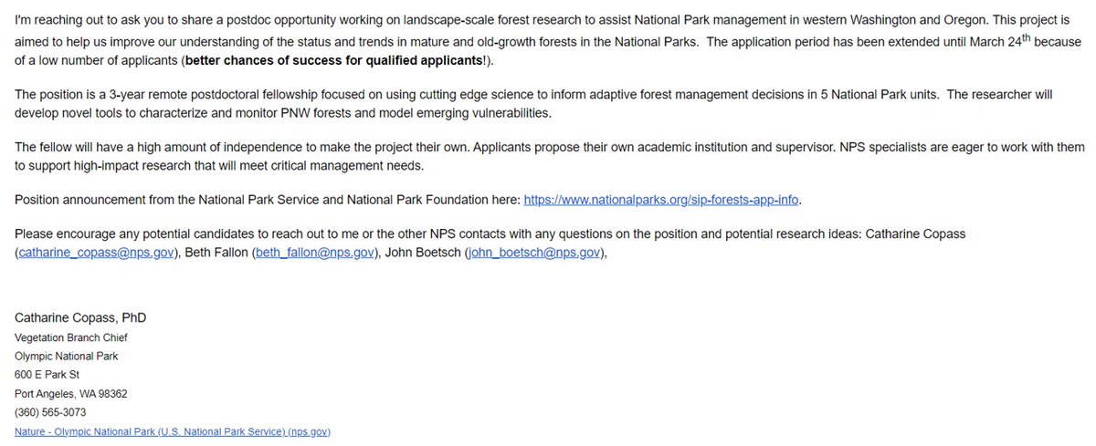 Pls RT this 3-yr remote post-doc to work with 5 US National Parks on adaptive forest mgt. This arrived via email late last week and I have not seen it posted here yet -- seems like a great opportunity for someone.