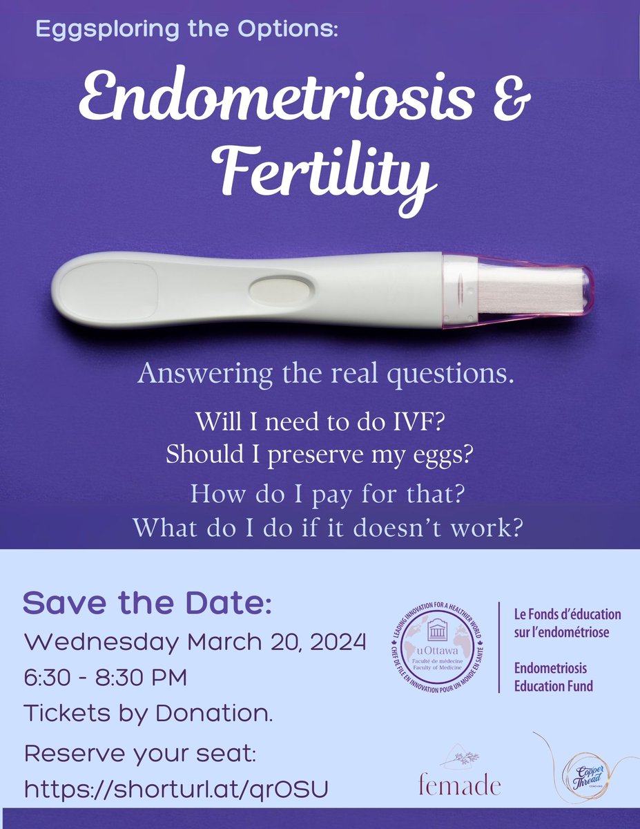 March is #Endometriosis Awareness Month and <a href="/uOttawaMed/">uOttawa | Faculté de médecine, Faculty of Medicine</a>  Endo Education Fund is supporting our annual outreach event on Wednesday March 20th.   Will you join us to learn more about endometriosis, fertility and more!

Tickets by donation, click below:
eventbrite.ca/e/eggsploring-…