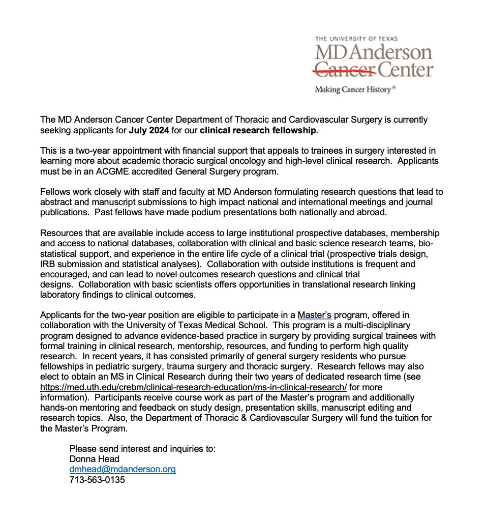 The @MDAndersonNews Department of Thoracic and Cardiovascular Surgery is currently seeking applicants in general surgery training for our 2-year clinical research fellowship, to start 07/2024. Please spread the word and contact us with any questions! @TSRA_official