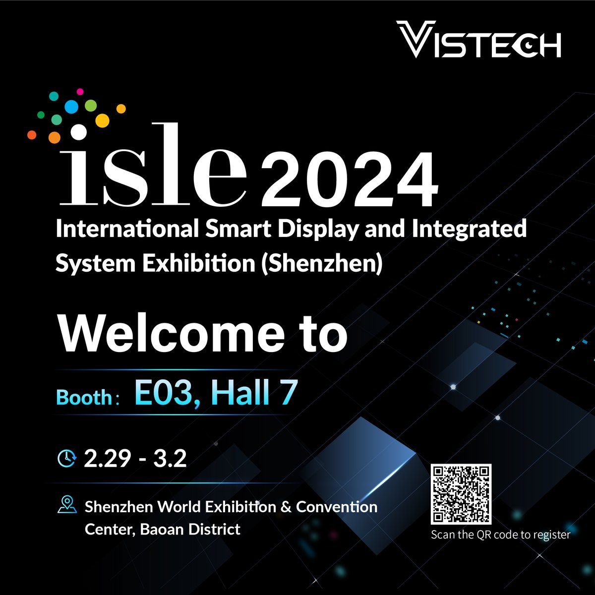 📢 Vistech is thrilled to announce that we will be exhibiting our cutting-edge #LEDdisplays and solutions at the upcoming #ISLE show in Shenzhen. Visit us and our partner, @RGBlink, at Booth Hall 7-E03 from February 29th to March 2nd for an unbelievable visual experience!