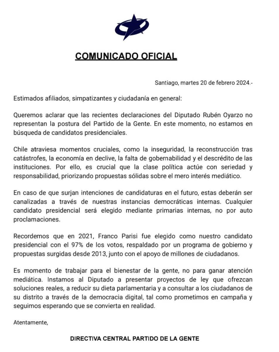 ChilePDGcl's tweet photo. Comunicado oficial del Partido de la Gente.
Ocupémonos de lo importante que es solucionar los problemas de la clase media y media emergente que sigue sufriendo día a día un mal gobierno.
#parisi #gobierno #economia #seguridad #SanFrancisco #incendio https://t.co/YbYFzisXNG