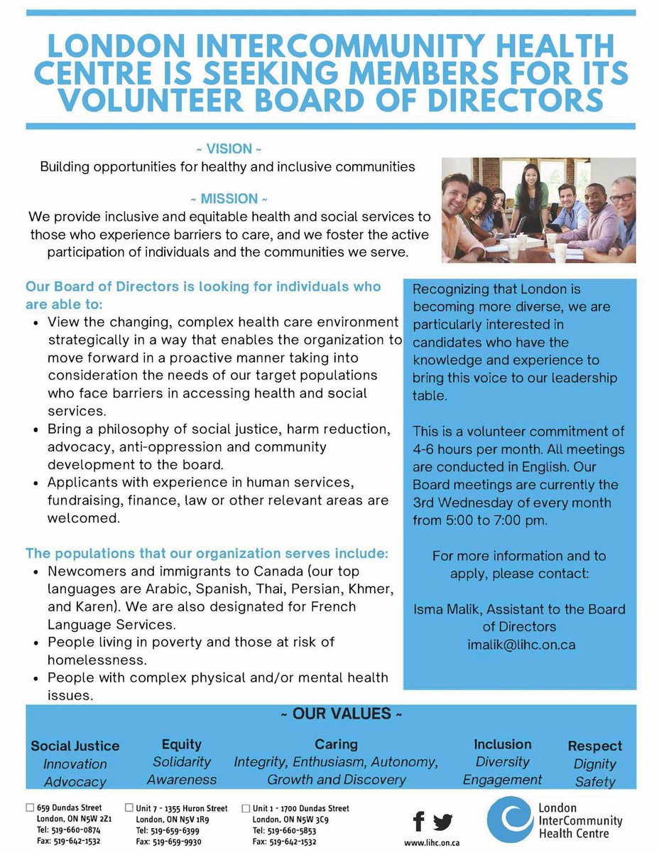 The Health Centre is looking for Board Members! If you have a passion for breaking down barriers for folks who are marginalized, this will be a fulfilling role for you! Contact imalik @ lihc.on.ca for more details! #ldnont
