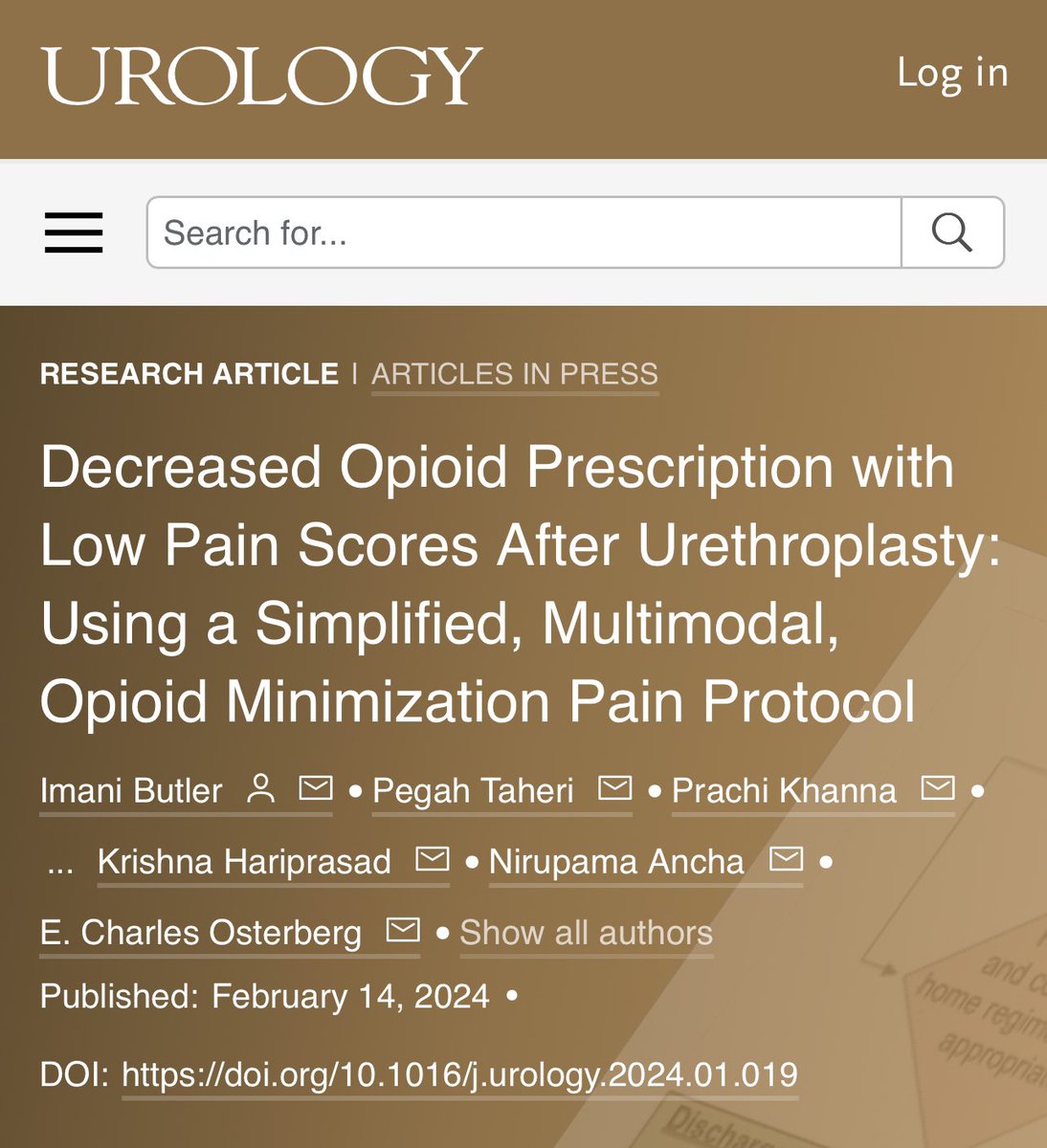 E. Charles Osterberg, MD, FACS (@ecosterberg) on Twitter photo Proud to share in <a href="/urogoldjournal/">Urology Gold Journal</a> our opiate minimization protocol for outpatient urethroplasty which we have done since 2021 with no differences in postop VAS scores and low interference with QoL measures. Proud to share in <a href="/urogoldjournal/">Urology Gold Journal</a> our opiate minimization protocol for outpatient urethroplasty which we have done since 2021 with no differences in postop VAS scores and low interference with QoL measures.