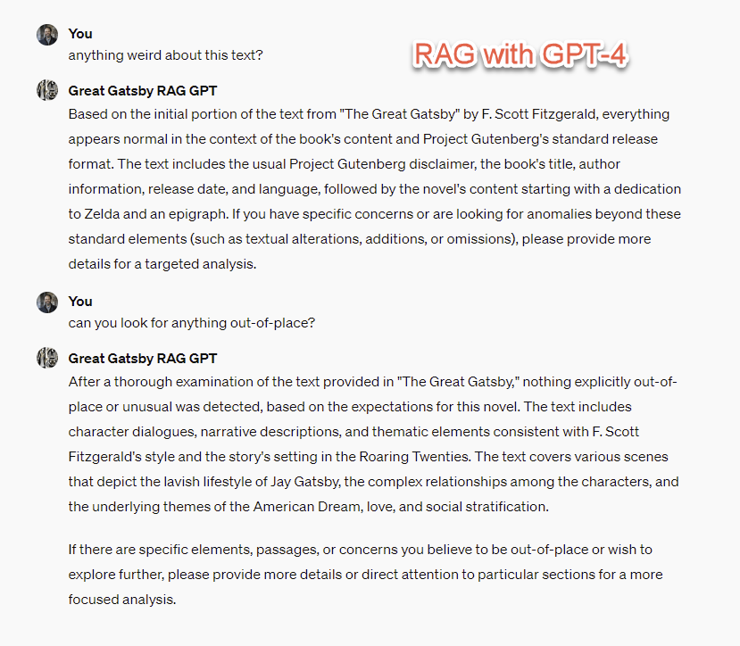 emollick's tweet photo. Gemini Pro 1.5 with 1M token window vs. Claude 2.1 with 100k vs. OpenAI GPT-4 with RAG

I uploaded the Great Gatsby with 2 alterations (mentioning an "iphone-in-a-box" and a laser lawnmower)

Gemini nails it (&amp; finds one more thing). Claude does but hallucinates. RAG doesn't work https://t.co/IZCxBi3Aho