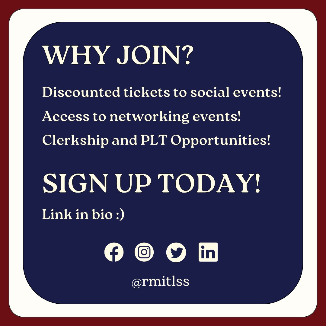 JOIN THE RMIT LAW STUDENT SOCIETY TODAY!

RMIT LSS memberships have been upgraded for 2024!  For more information, visit our website or the link in the RMIT LSS instagram bio!

WEBSITE: rmitlss.com