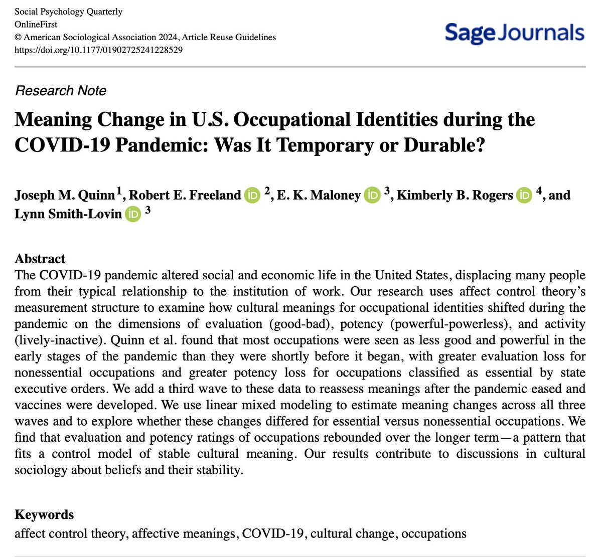 Check out our new OnlineFirst article! 'Meaning Change in U.S. Occupational Identities during the COVID-19 Pandemic: Was It Temporary or Durable?' in #SPQ! @ASASocPsych @kimberlybrogers journals.sagepub.com/doi/full/10.11…